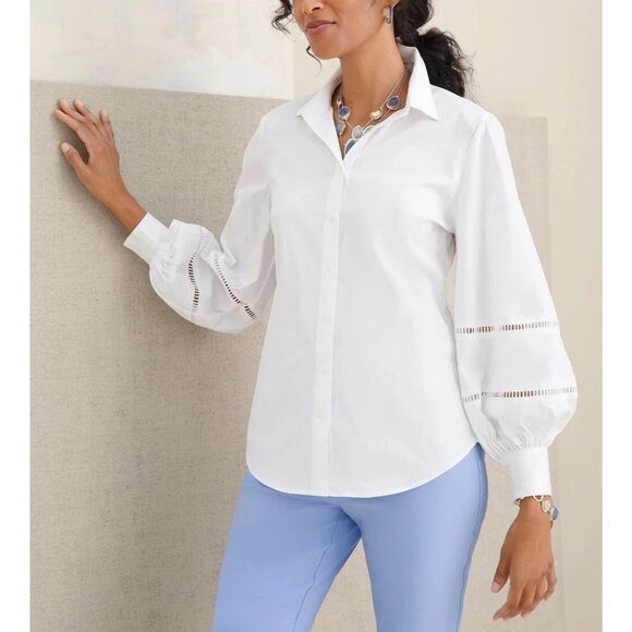 CHICO'S COTTON POPLIN WHITE BILLOW-SLEEVE TOP - Picture 1 of 8